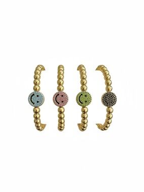 Gold Beaded Smiley Bracelet with Pink Crystal Face
